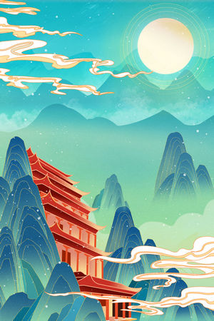 手绘国潮风背景图国潮山水插画